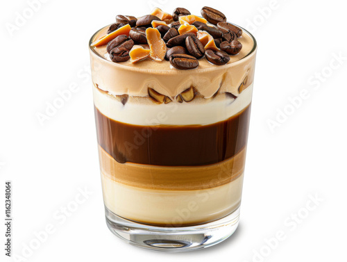 Delicious layered dessert with coffee and creamy toppings served in glass