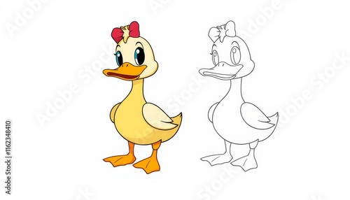 Charming cartoon duck with bows ready for a joyful adventure in a whimsical world