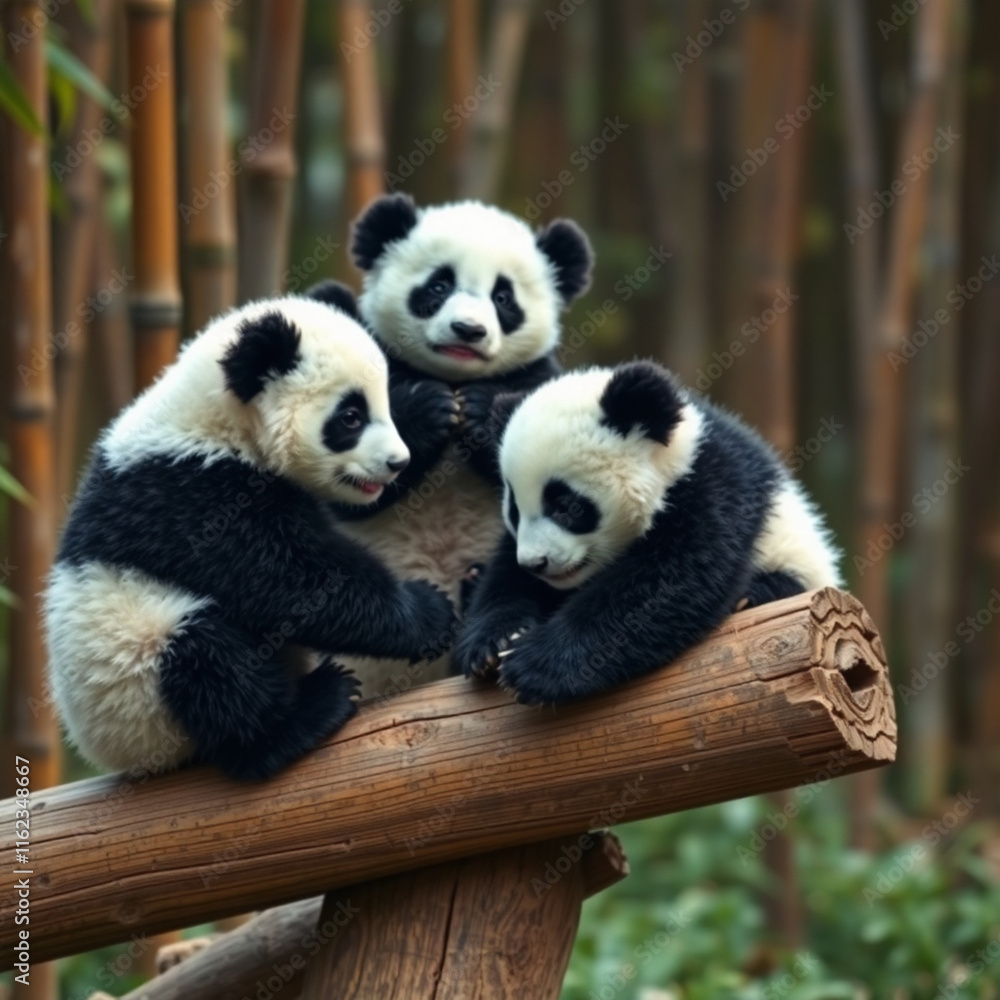 Obraz premium Baby Pandas Playing in Natural Bamboo Habitat
