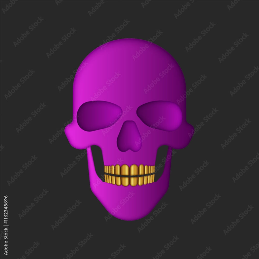 Vibrant pink skull with gold teeth on dark background, modern surreal design for abstract art, halloween concepts, gothic fashion, and psychedelic digital vector illustration trends. Vibrant pink skull with gold teeth on dark background, modern surreal design for abstract art, halloween concepts, gothic fashion, and psychedelic digital vector illustration trends.