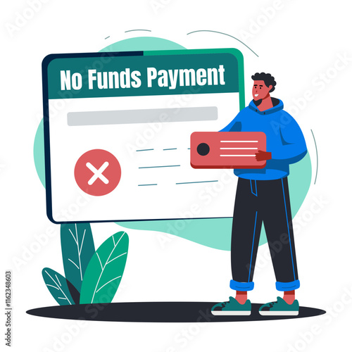 A flat illustration of a character facing no funds payment error on website