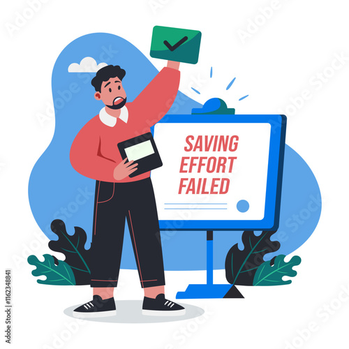 A flat illustration of a character with saving effort failed typography 