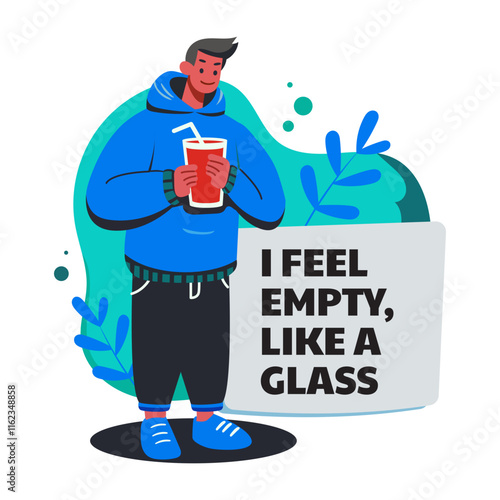 A flat illustration of a character feeling empty holding a drink 