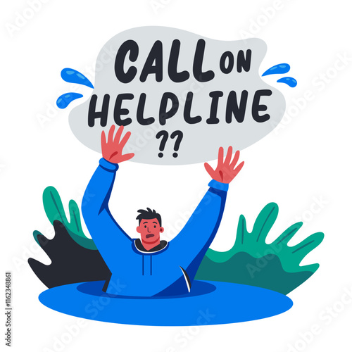 A flat illustration of drowning character asking help 