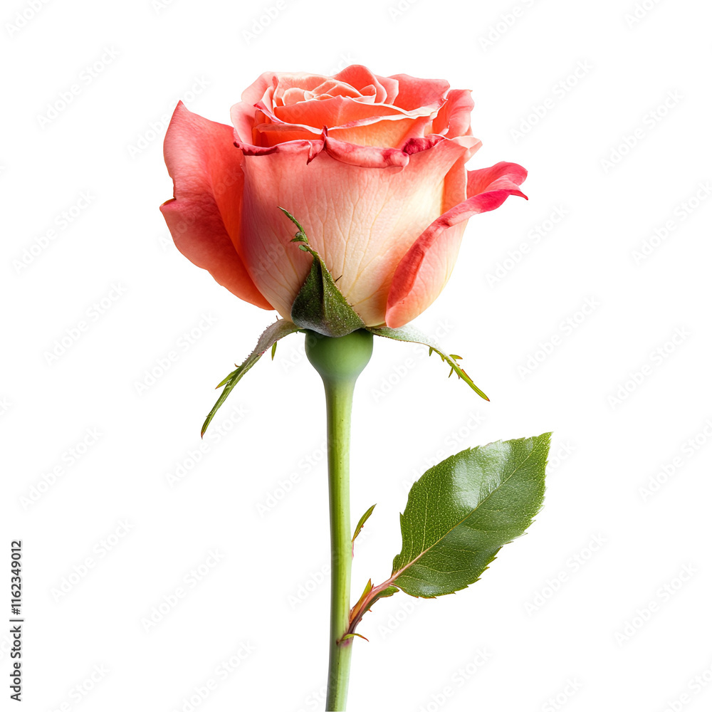 Single Peach Rose Bloom, Isolated, Stem, Leaf, White Background Single Peach Rose Bloom, Isolated, Stem, Leaf, White Background