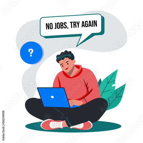 A flat illustration of a character seeking job on a laptop 