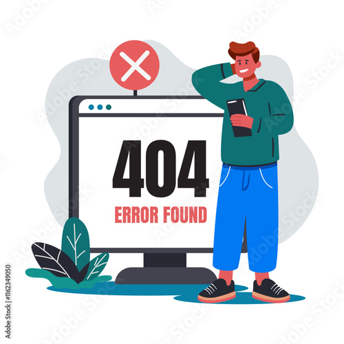 A flat illustration of a character with 404 error found typography 