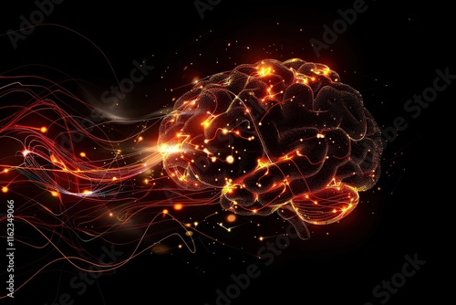 A conceptual AI brain composed of glowing circuits and intricate connections, floating in a dark space with energy waves. 