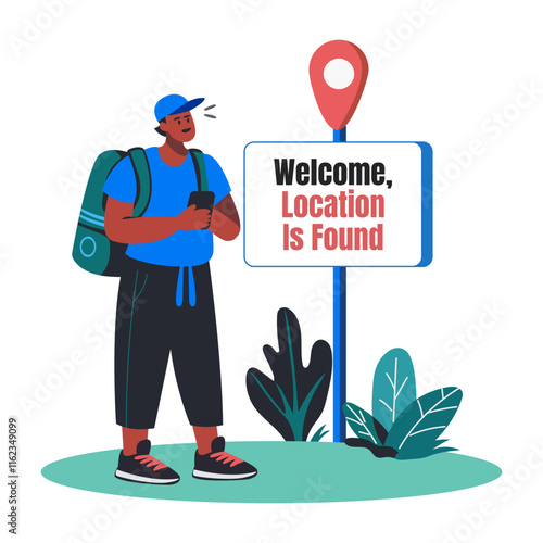 A flat illustration of a traveller finding his location 