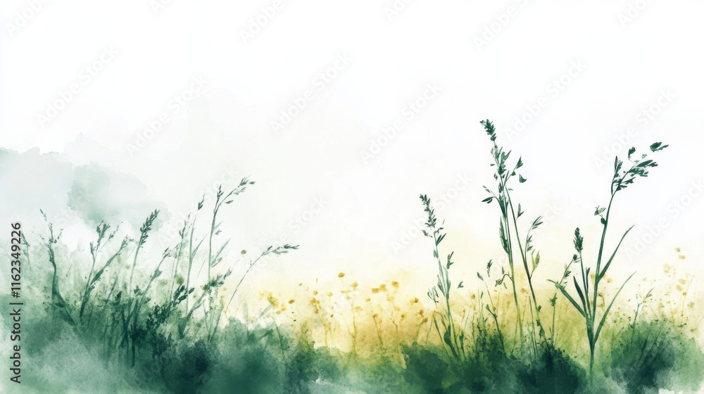 Obraz premium Sunrise over a misty field with delicate tall grasses swaying gently