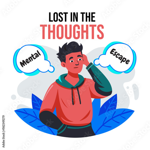 Mental escape illustration of character with lost in the thoughts typography 