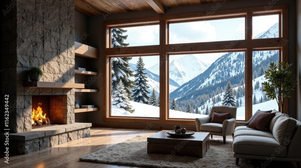 Fototapeta premium Rustic Mountain Cabin Interior Design Featuring Cozy Fireplace and Panoramic Winter Views