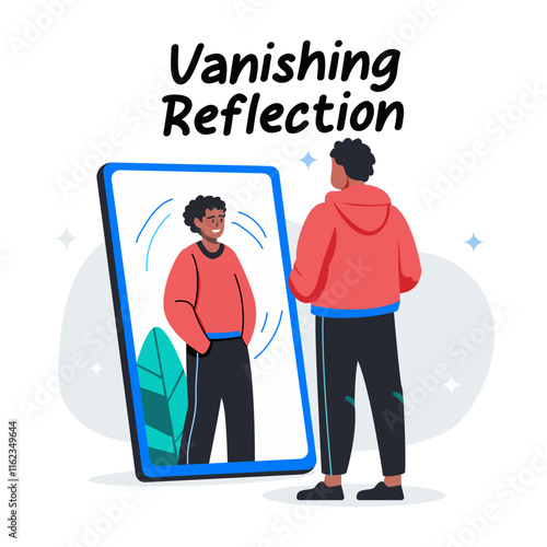 A flat illustration of a character standing in front of mirror feeling low esteem 