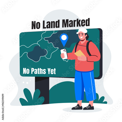 A flat illustration of a character finding location with mobile app 