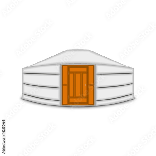 Traditional mongolian yurt with wooden door 3d realistic vector, nomadic tent structure, white canvas exterior, cultural dwelling for travel, camping, eco-living, and sustainable lifestyle concepts.