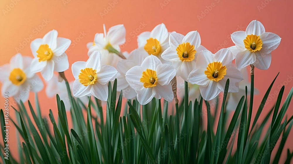 Fototapeta premium Bright white narcissus flowers with yellow centers bloom against a vibrant peach background, creating a fresh and cheerful floral display.