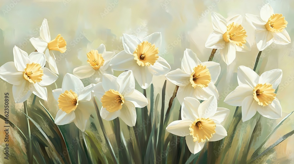 Naklejka premium Elegant white and yellow daffodils capturing the essence of spring, expertly painted with soft brush strokes for a timeless, serene floral display.