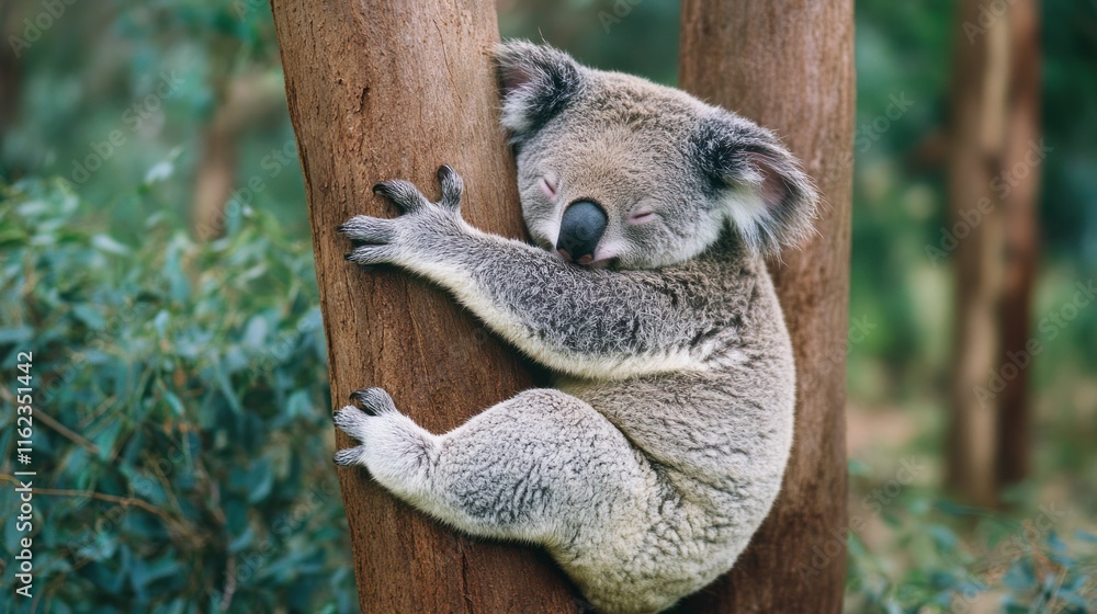 Obraz premium Sleeping koala hugging eucalyptus tree trunk.