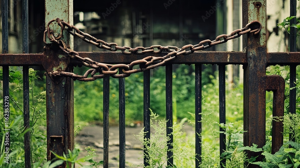 Abandoned Factory Gate with Rusty Chain, Symbolizing the Decline of Industry and Economic Downturn. Overgrown Weeds, Shallow Depth of Field in Stock Photography Style. Abandoned Factory Gate with Rusty Chain, Symbolizing the Decline of Industry and Economic Downturn. Overgrown Weeds, Shallow Depth of Field in Stock Photography Style.