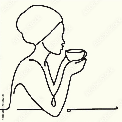 Woman Drinking Coffee Minimalist Line Art Vector