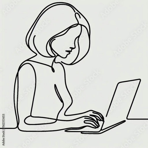 Woman Using Laptop Line Art Vector Illustration