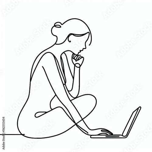 Woman Using Laptop Minimalist Line Design