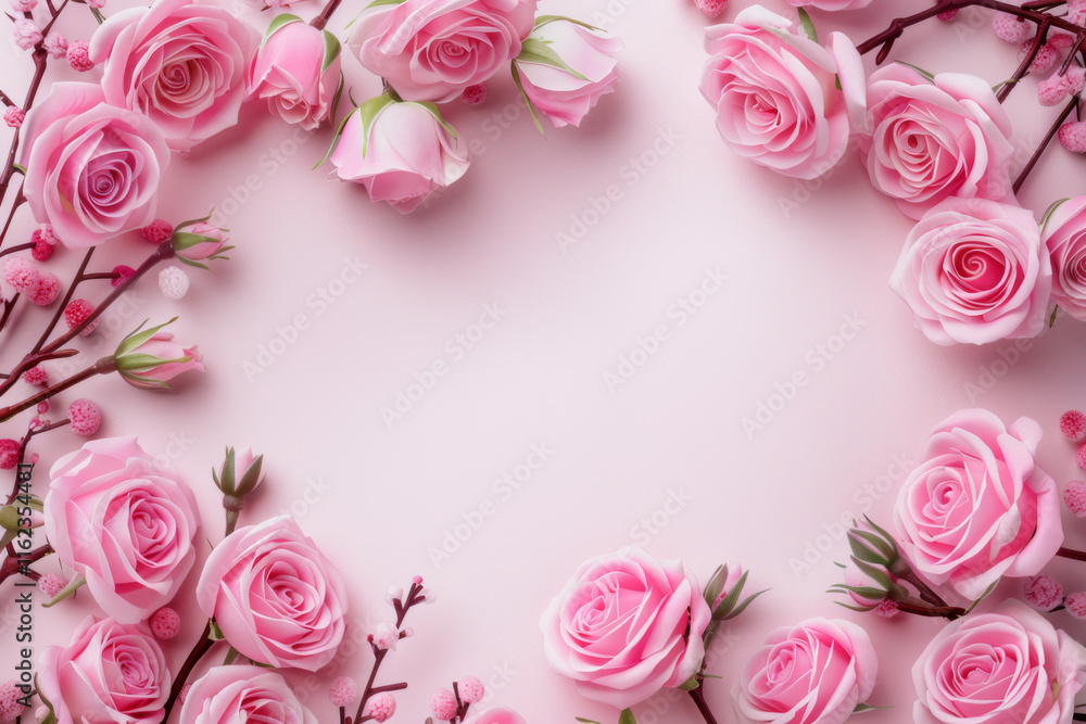 Floral arrangement of pink roses with branches on soft pink background Floral arrangement of pink roses with branches on soft pink background
