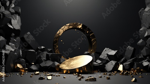 3d render, abstract background with black cobblestone ruins, broken rocks and golden nuggets. Modern minimal showcase scene with empty cylinder podium for product presentation photo