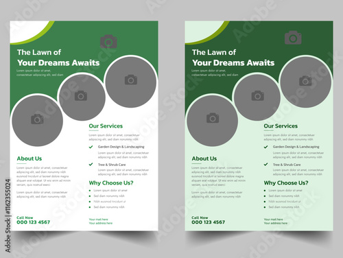 Lawn and gardening service flyer design template. Tree and gardening service poster leaflet design. lawnmower flyer template Agricultural and farming services social media post lawn gardening