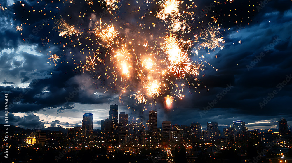Fototapeta premium stunning firework display illuminates city skyline at night, creating vibrant atmosphere
