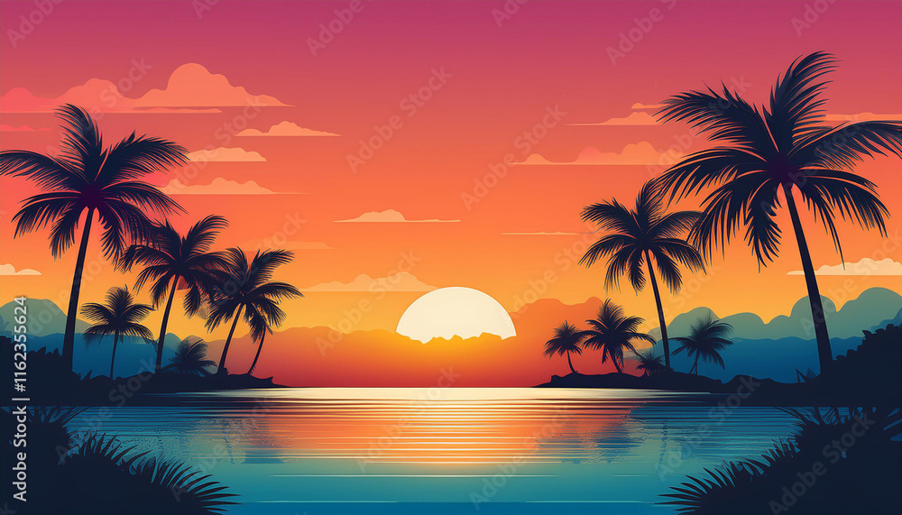 Obraz premium Free vector flat sunset background with palm trees