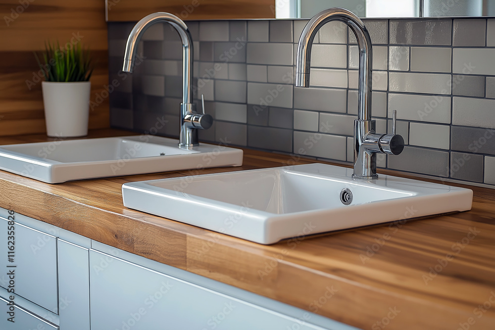 Contemporary double sink setup with a pull-out faucet and wooden countertop details, set against a minimalist backsplash. Contemporary double sink setup with a pull-out faucet and wooden countertop details, set against a minimalist backsplash.