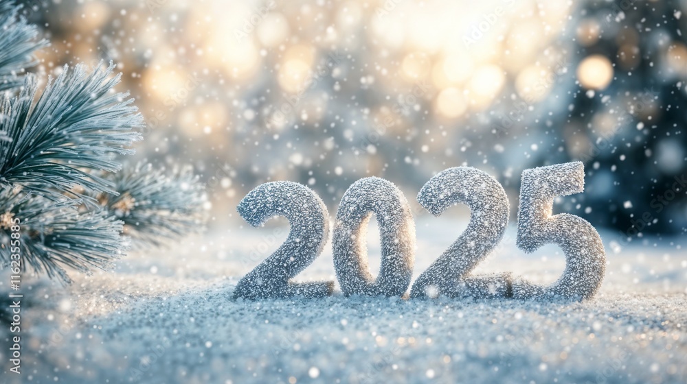 Frosty Silver 2025 on Snowy Winter Background, New Year Celebration Frosty Silver 2025 on Snowy Winter Background, New Year Celebration