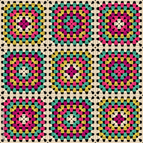 Pattern with crochet granny square wallpaper handmade decorative art design print