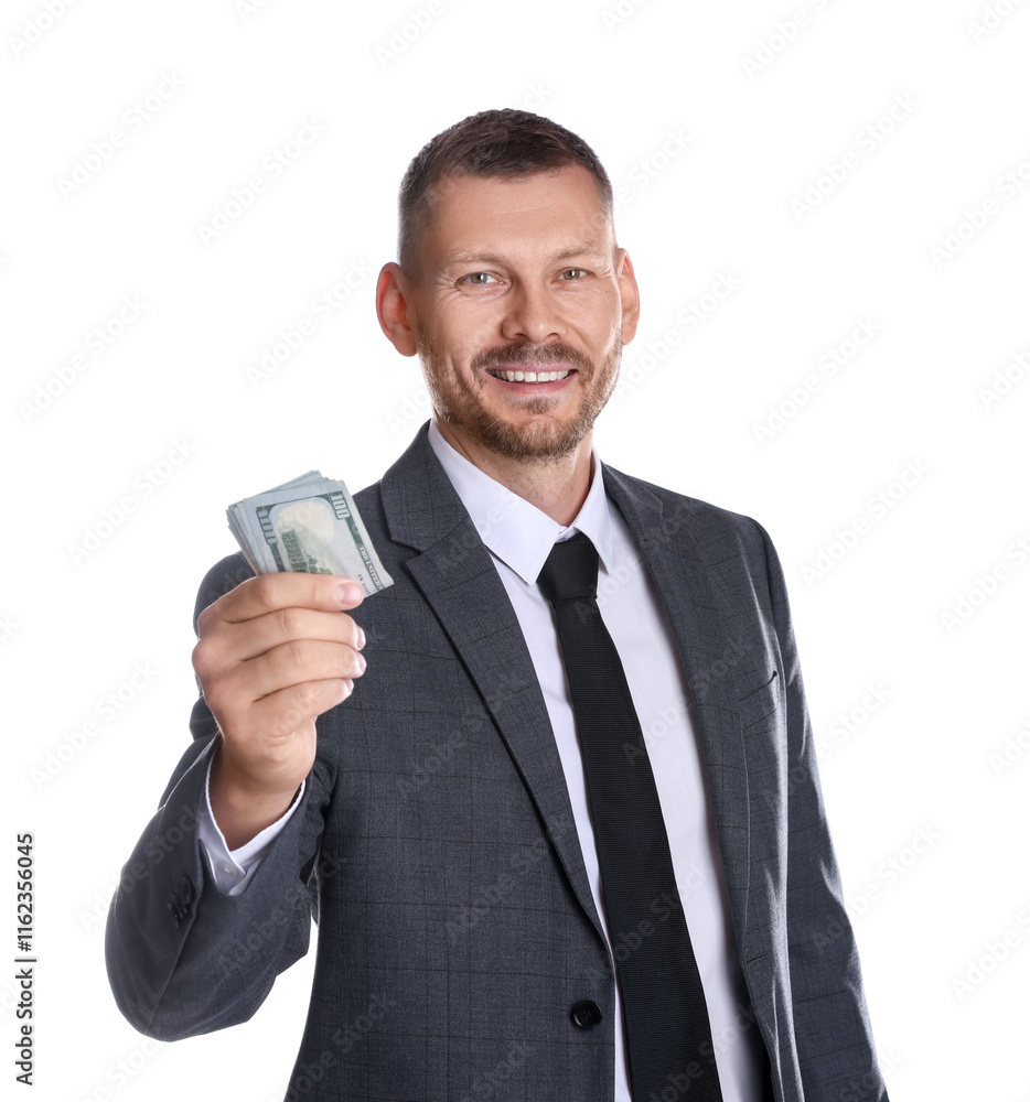 Banker with dollar banknotes on white background Banker with dollar banknotes on white background