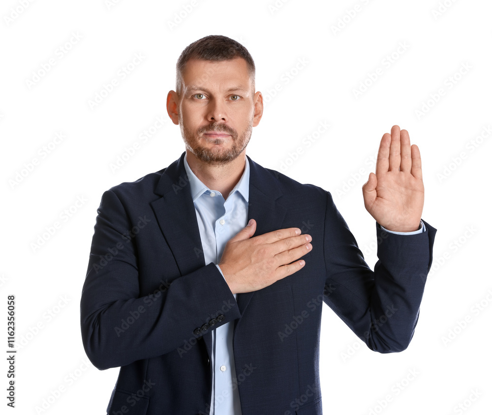 Man making promise with raised hand on white background. Oath gesture Man making promise with raised hand on white background. Oath gesture