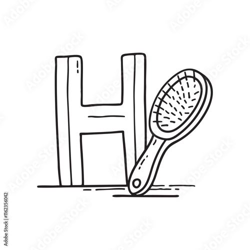 An illustration of letter H beside Hairbrush