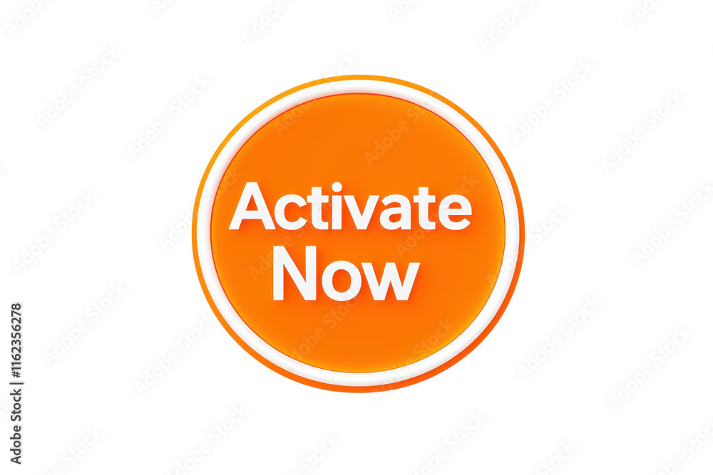 A bright orange circular button with the text A bright orange circular button with the text