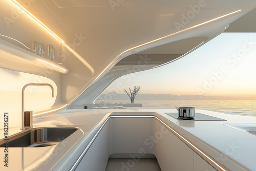 Modern kitchen featuring an integrated sink and a futuristic touchless faucet, with soft natural lighting.