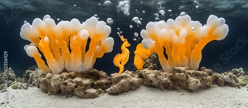 Orange Seahorses Among Whimsical Underwater Coral: A Serene Aquatic Scene photo