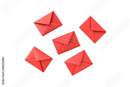 Five red envelopes arranged creatively, showcasing their vibrant color and distinct shape.