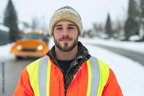 portrait of snowplow operator standing confidently in front of their cleared route vibrant safety gear contrasting photo