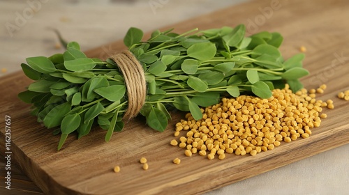 A bundle of fresh fenugreek leaves tied with twine, placed on a wooden cutting board with scattered seeds photo