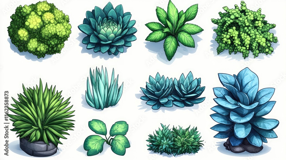 Vividly depicted plants and succulents presented in a colorful and artistic digital illustration isolated on white background, featuring captivating blends of greenery and blue shades. Vividly depicted plants and succulents presented in a colorful and artistic digital illustration isolated on white background, featuring captivating blends of greenery and blue shades.