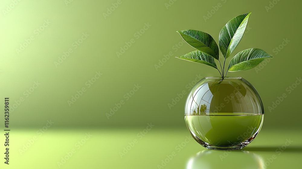A green liquid fills a glass vase, with a sprouting leaf on top A green liquid fills a glass vase, with a sprouting leaf on top