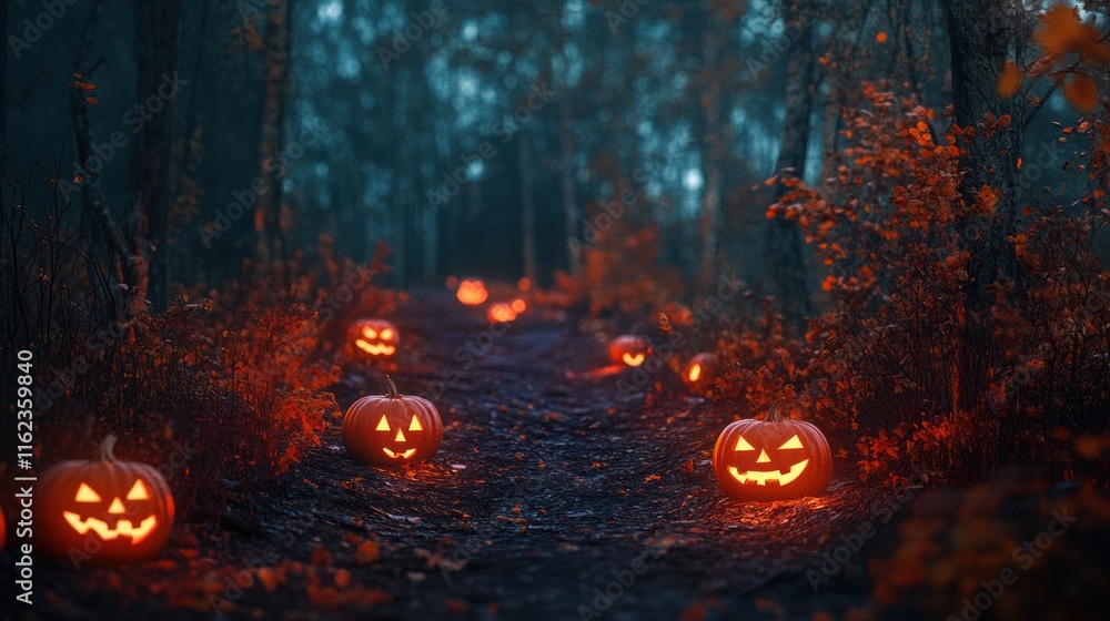 Enchanted Halloween Forest Path: Jack-o'-lanterns illuminate a mystical autumn trail, creating a spooky yet magical ambiance. Enchanted Halloween Forest Path: Jack-o'-lanterns illuminate a mystical autumn trail, creating a spooky yet magical ambiance.