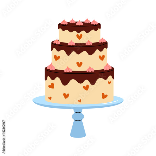 Three tier wedding cake with heart decorations on a decorative stand