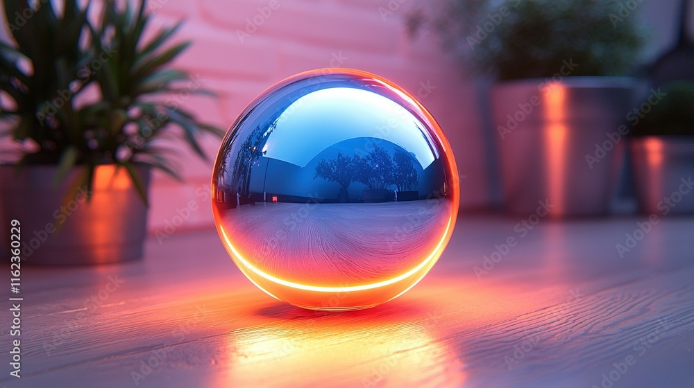 A glass ball sits atop a wooden table alongside a potted plant and another potted plant A glass ball sits atop a wooden table alongside a potted plant and another potted plant