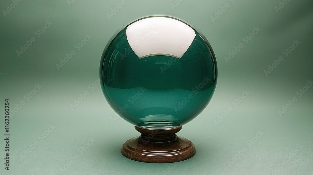 A green and white vase sits on a wooden stand, with a white ball perched atop it A green and white vase sits on a wooden stand, with a white ball perched atop it