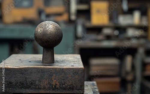 Close-up of a weathered metal sphere atop a dark, worn wooden block. A glimpse into a rustic workshop.
